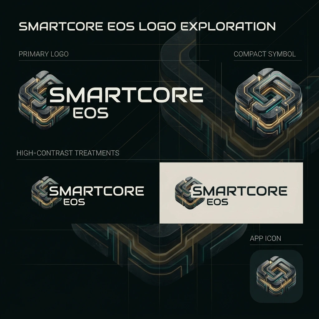 SmartCore EOS logo exploration showing the primary mark, compact symbol, high-contrast treatments and app icon